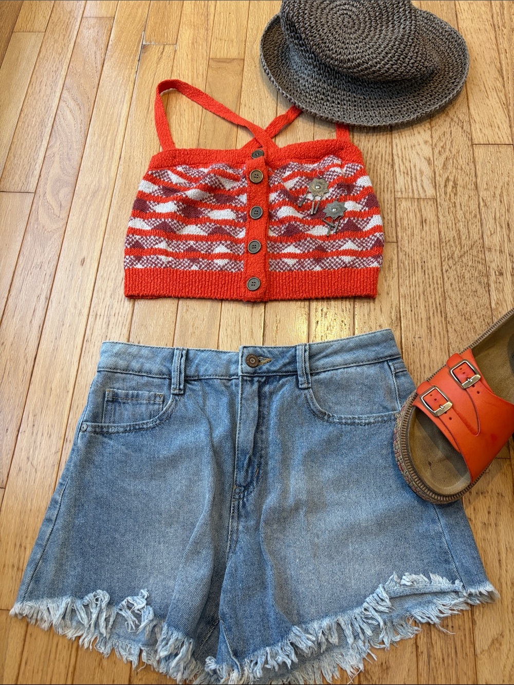 Free People Orange/Red Knit Button-Front Crop Top with Straps - Picture 4 of 6